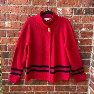 Calvin Klein Womens Medium Red Black Wool Blend Cape Cardigan Classic Mock Neck